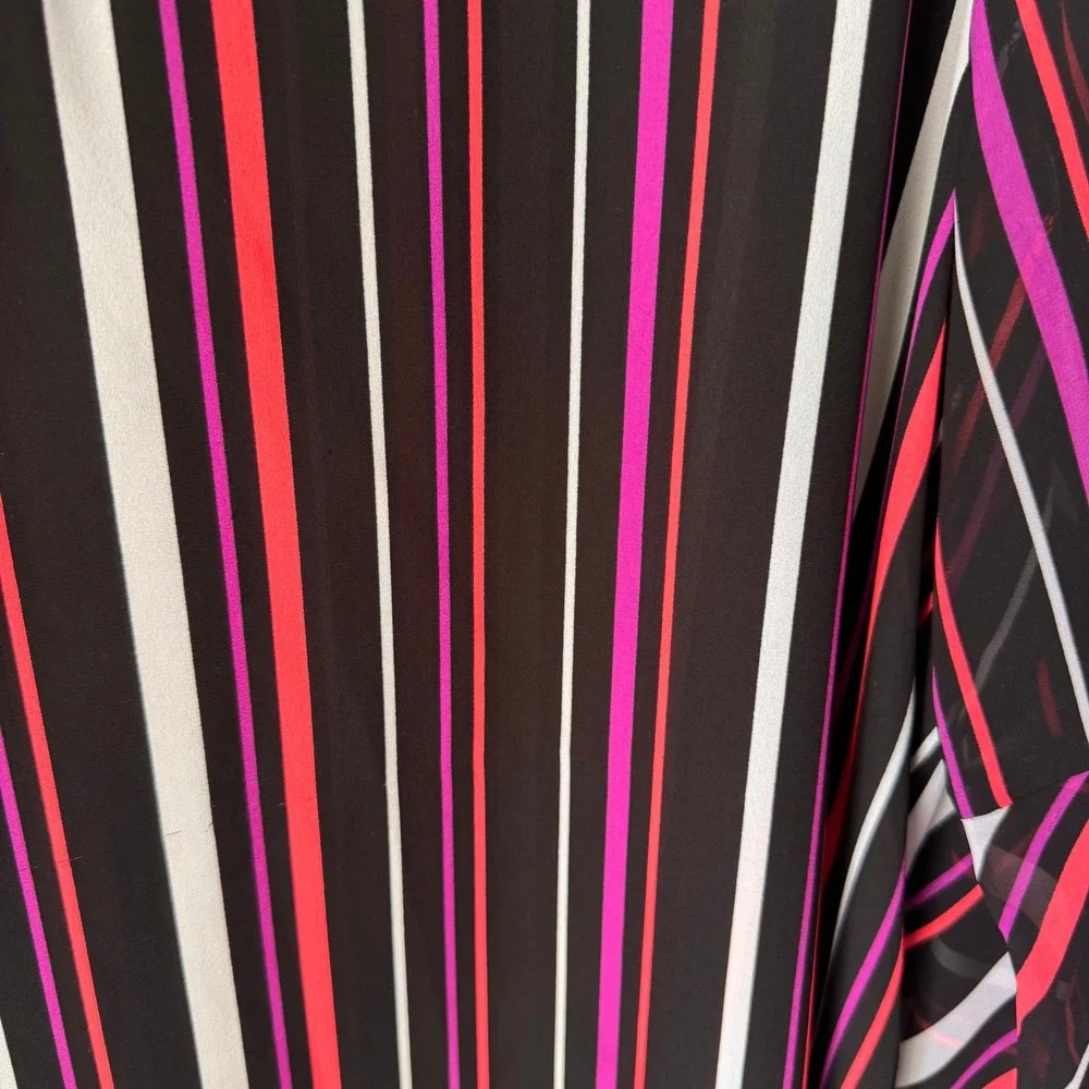 Est. 1946 Womens XL Pink Red Black Striped V-Neck Bell Sleeve Chiffon Blouse - Picture 2 of 3